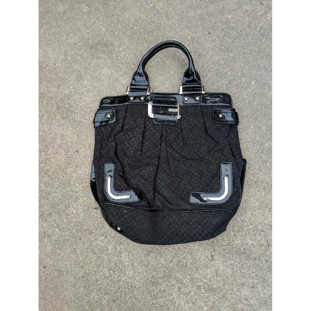 Guess Womens Satchel Handbag Black Monogram Signature Patent Trim Top Handle Bag